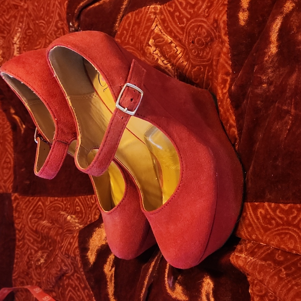 Red suede platform wedge